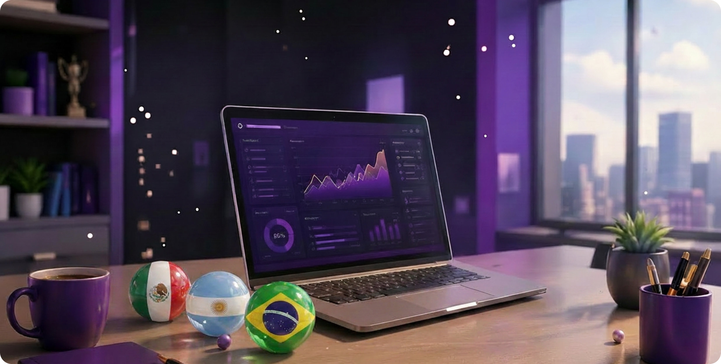 Laptop with an analytics dashboard next to Mexico, Argentina, and Brazil flag spheres