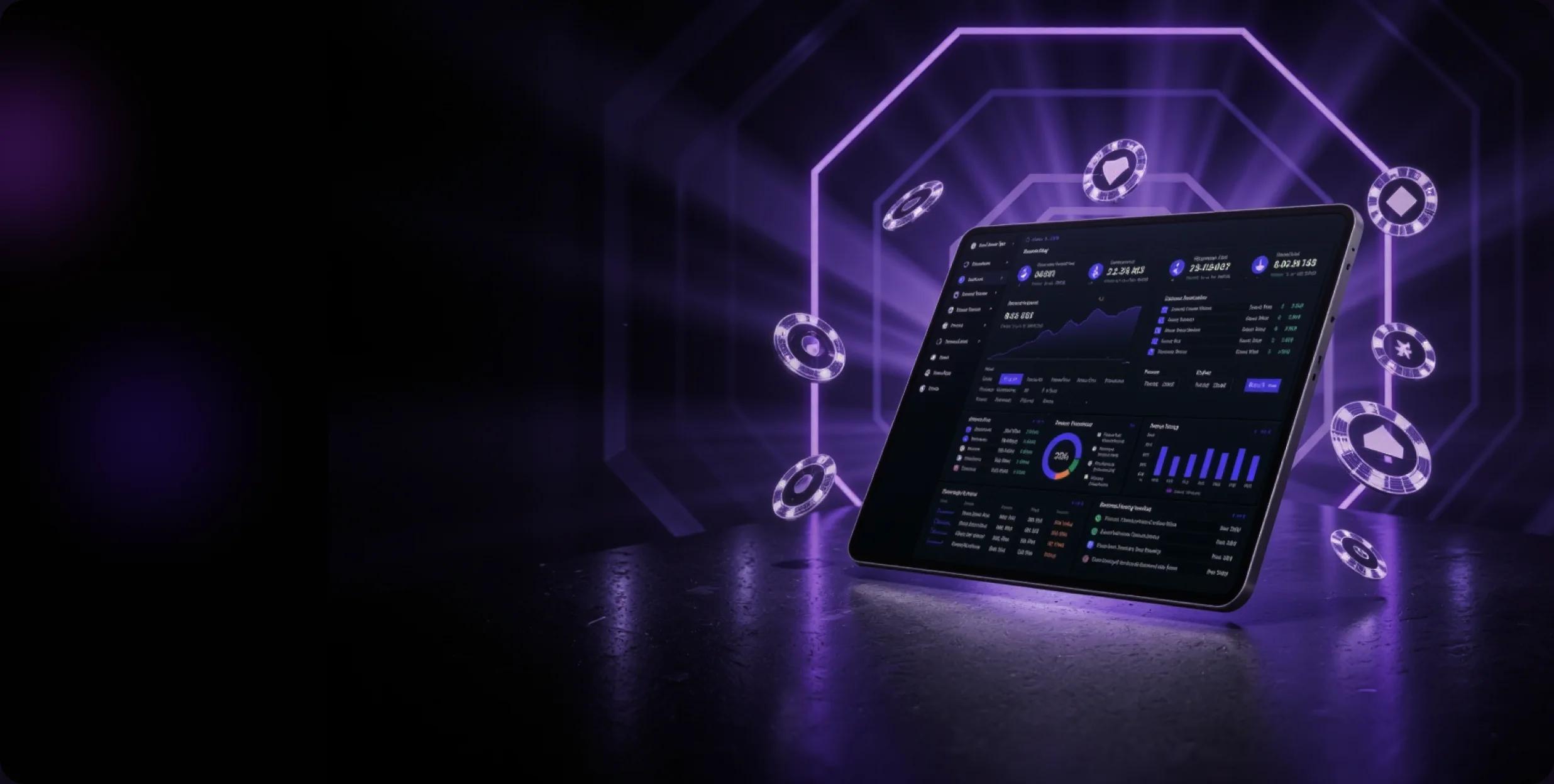 Onmidev real-time GGR dashboard on a tablet, surrounded by glowing casino chips